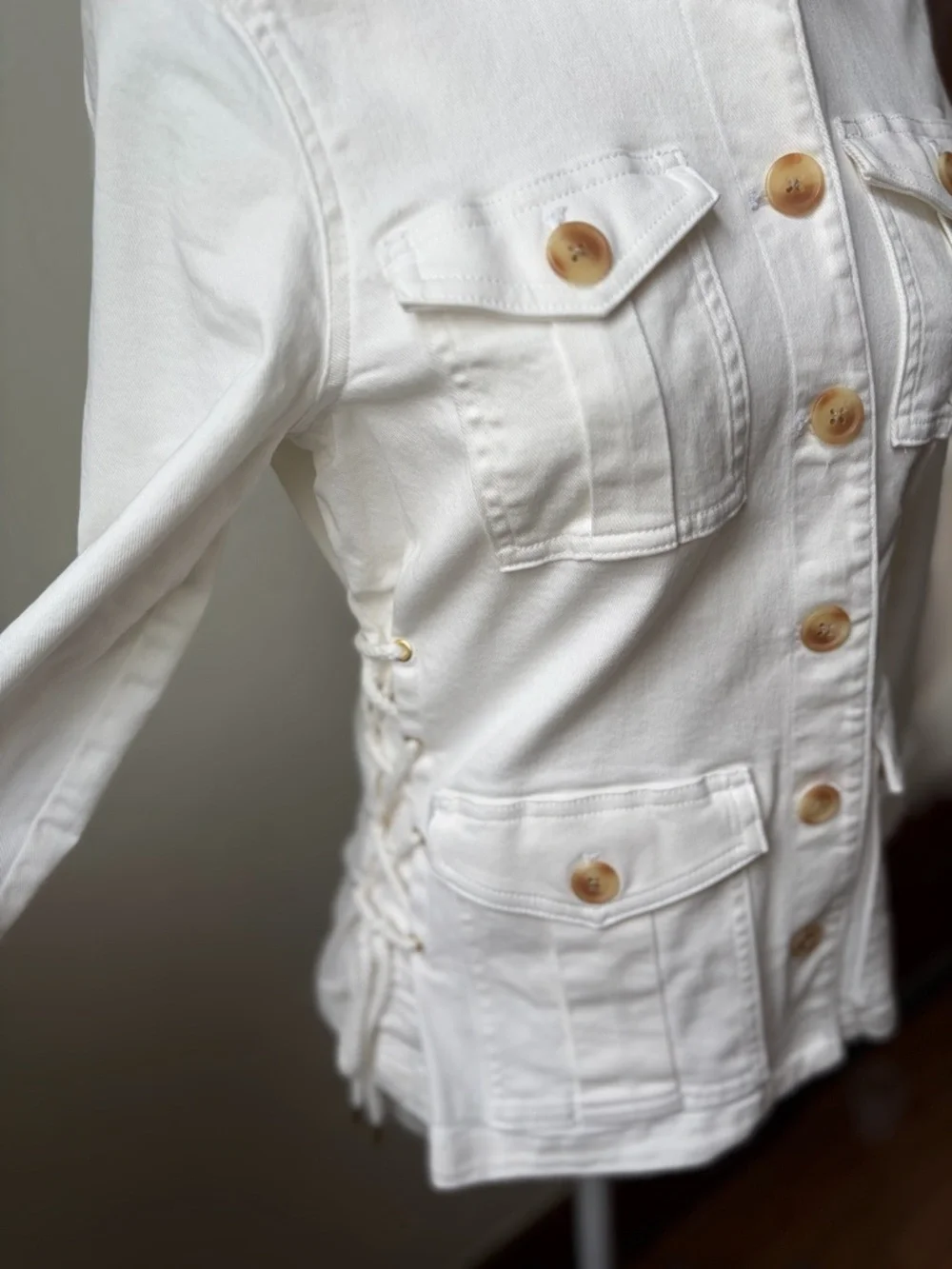 Spartina 449 Ivana Lace-Up Utility Jacket Pearl White Stretch Cotton XXS